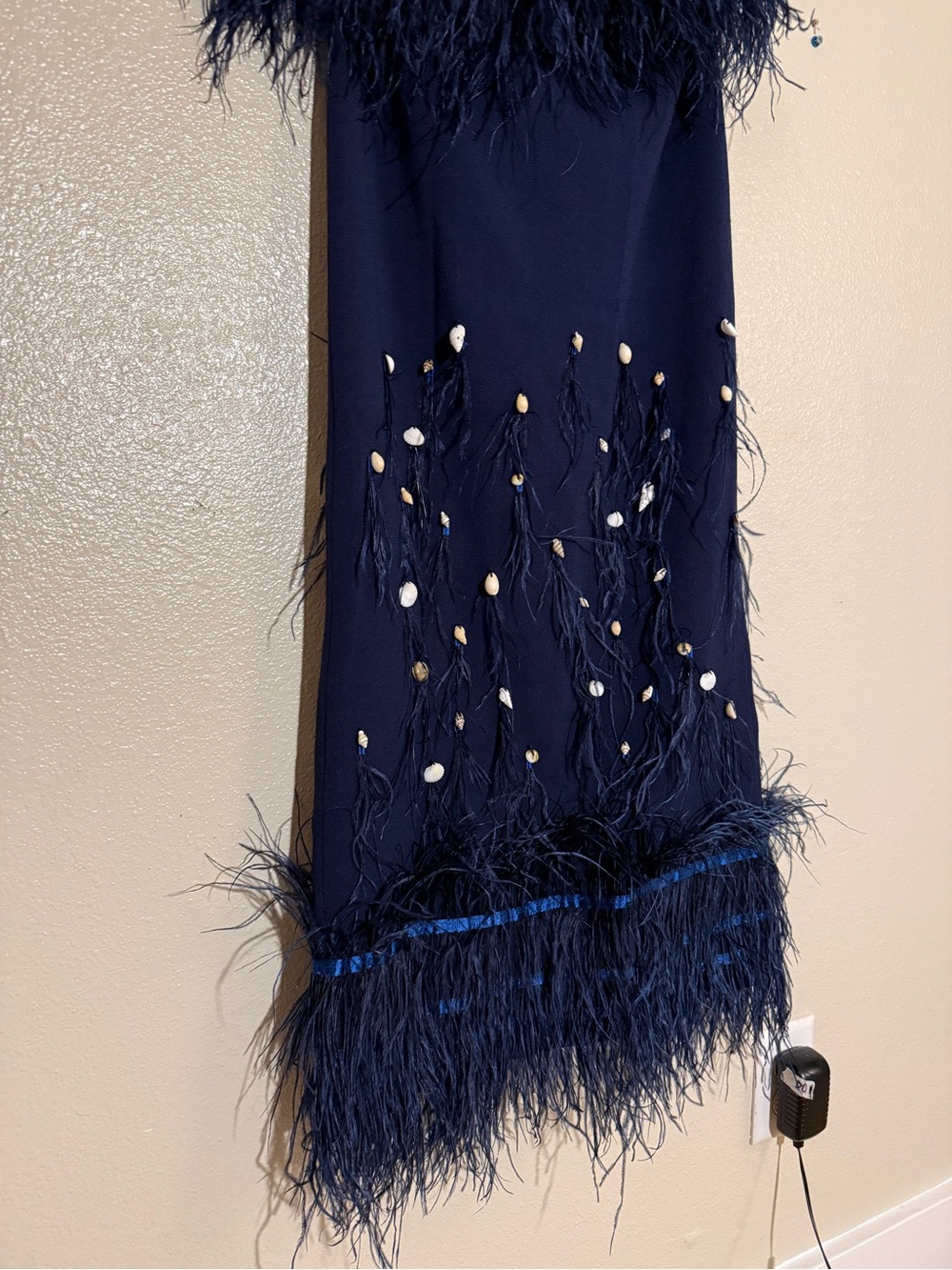 STAUD Kristin Ostrich Feather & Shell Strapless Navy Midi Set, TOP & SKIRT - Picture 9 of 11